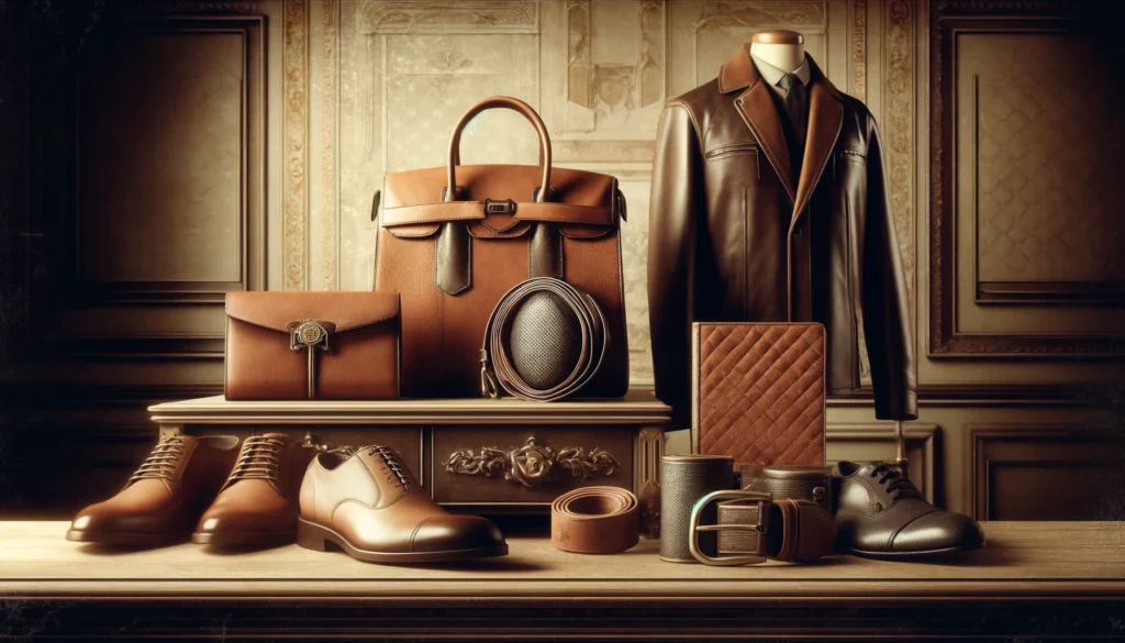 DALL·E 2024-04-17 01.20.43 - Create a vintage style website banner featuring a collection of high-end leather products. The image should include a stylish leather handbag, an eleg