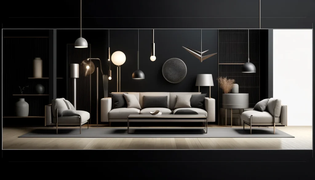 DALL·E 2024-04-17 01.29.27 - Create a modern website banner for home furnishings featuring stylish sofas, sleek tables, and contemporary lamps, all set against a solid black backg